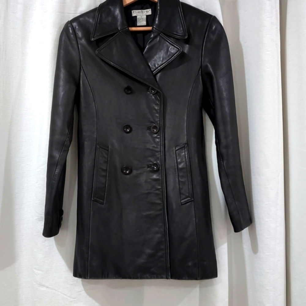 Bebe Moda Long Length Genuine Leather Jacket, Size Petite